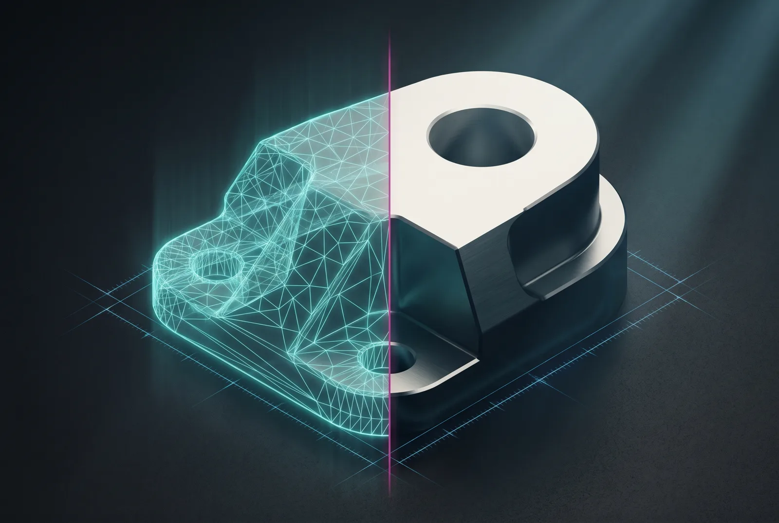 A scanned bracket: a glowing triangle mesh on the left resolving into a machined solid with a bore on the right